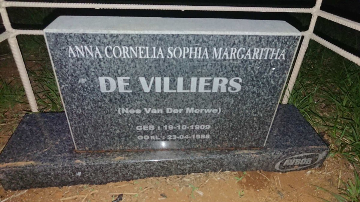 VILLIERS Anna Cornelia Sophia Margaritha, de nee VAN DER MERWE 1909-1988