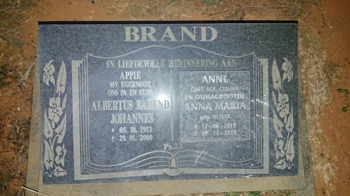 BRAND Albertus Barend Johannes 1913-2000 & Anna Maria 1919-2019