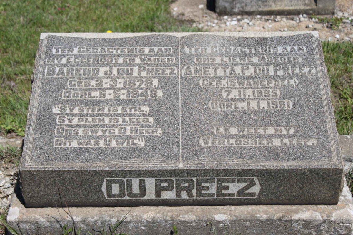 PREEZ Barend J., du 1878-1948 &amp; Anetta P. SWANEPOEL 1885-1961