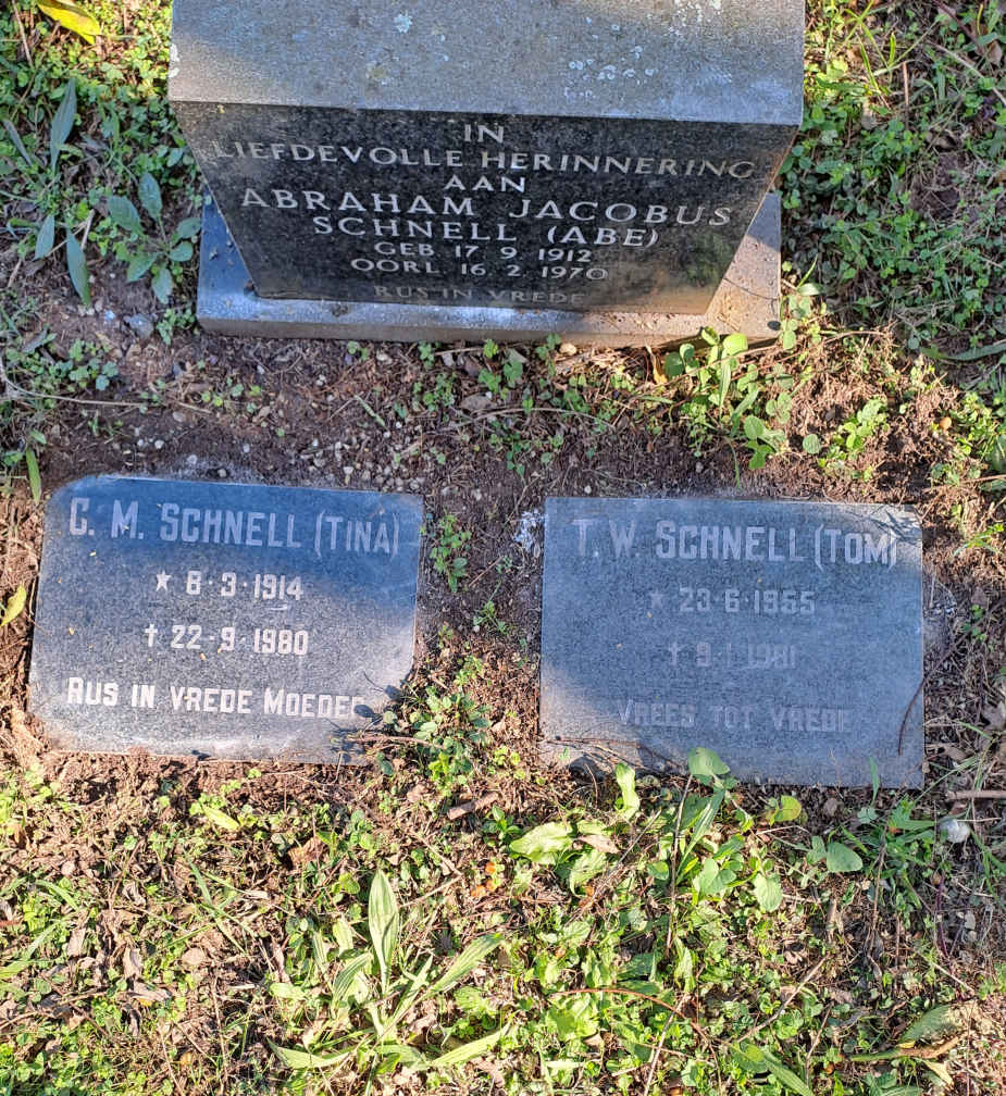 SCHNELL Abraham Jacobus 1912-1970 :: SCHNELL C.M. 1914-1980 :: SCHNELL T.W. 1955-1981