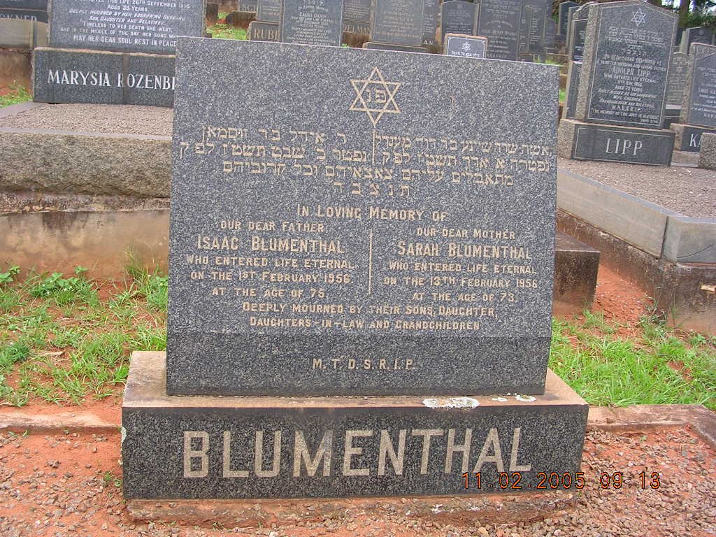 BLUMENTHAL Isaac -1956 &amp; Sarah -1956