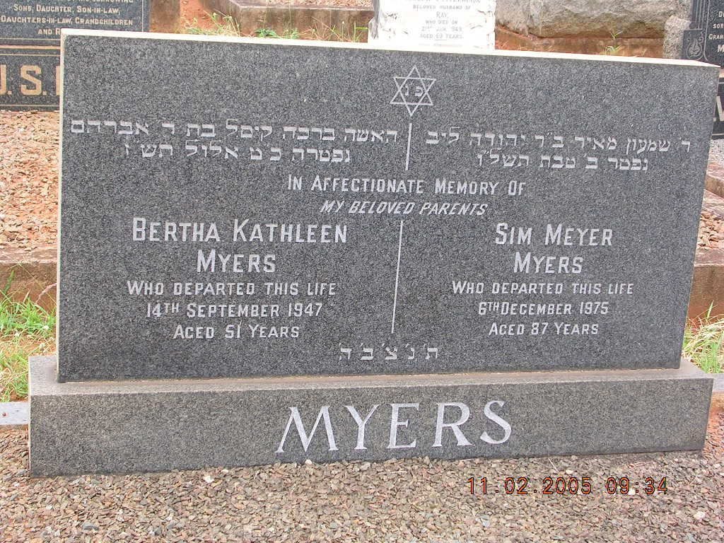 MYERS Sim Meyer -1975 &amp; Bertha Kathleen -1947