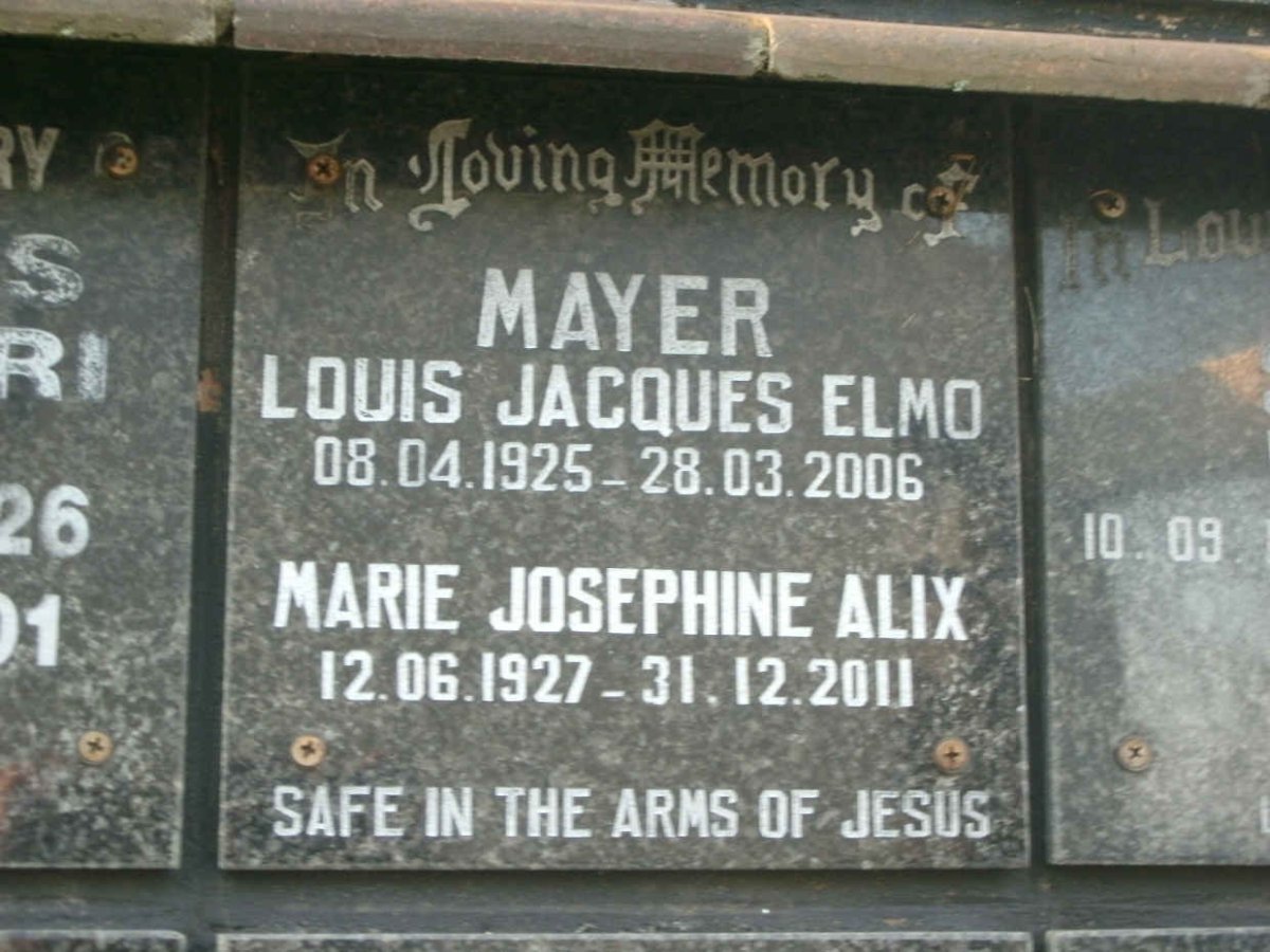MAYER Louis Jacques Elmo 1925-2006 &amp; Marie Josephine Alix 1927-2011