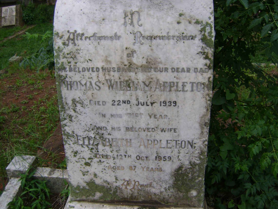 APPLETON Thomas William -1939 &amp; Elizabeth -1959