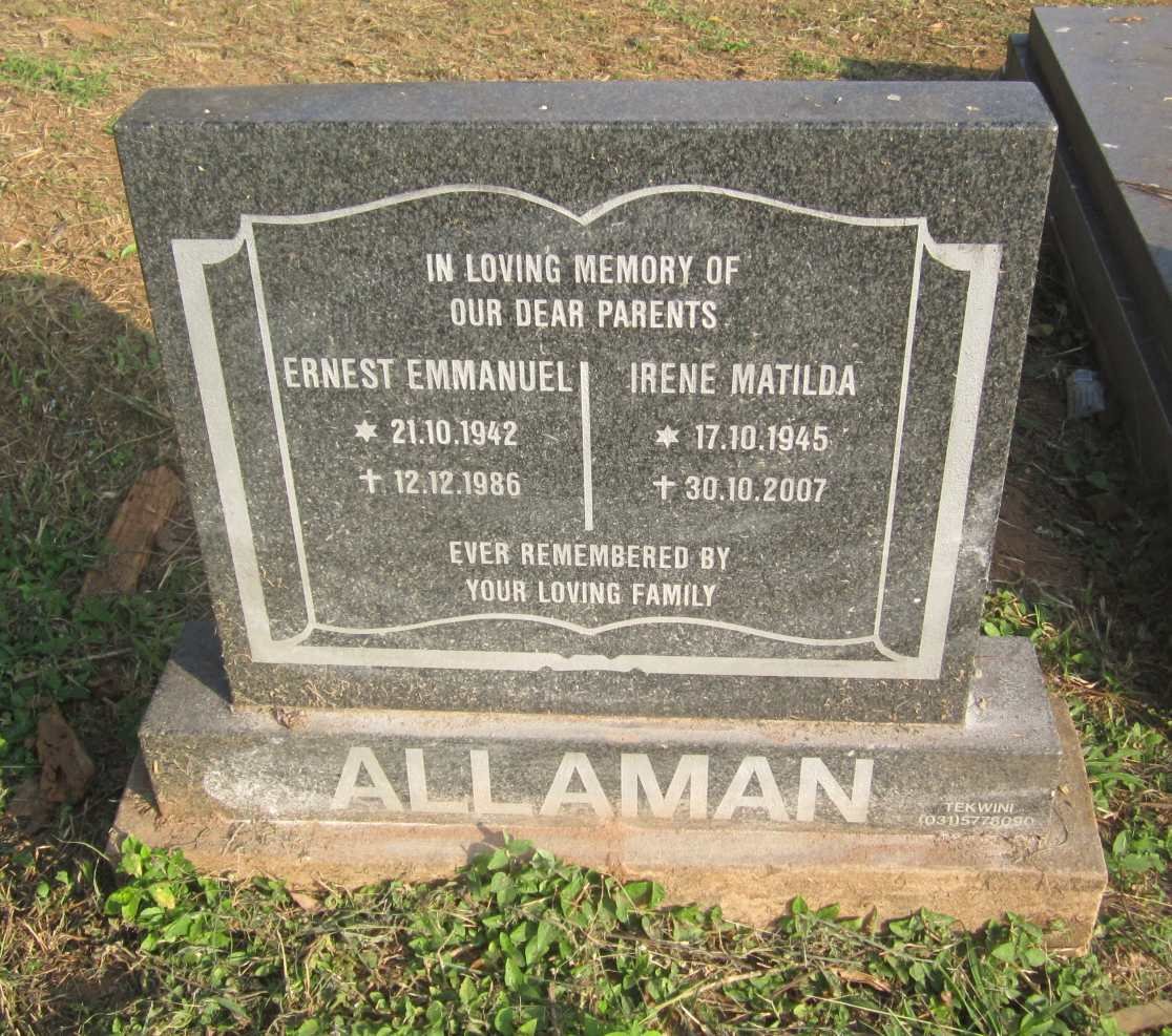 ALLAMAN Ernest Emmanuel 1942-1986 &amp; Irene Matilda 1945-2007