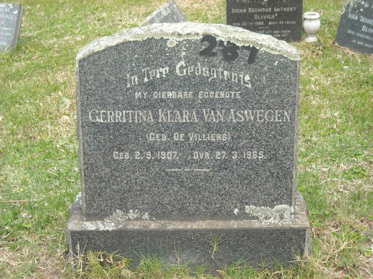 ASWEGEN Gerritina Klara, van nee de VILLIERS 1907-1965