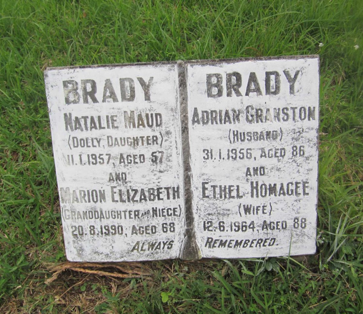 BRADY Adrian Granston -1956 &amp; Ethel Homagee -1964 :: BRADY Natalie Maud -1957 :: BRADY Marion Elizabeth -1990