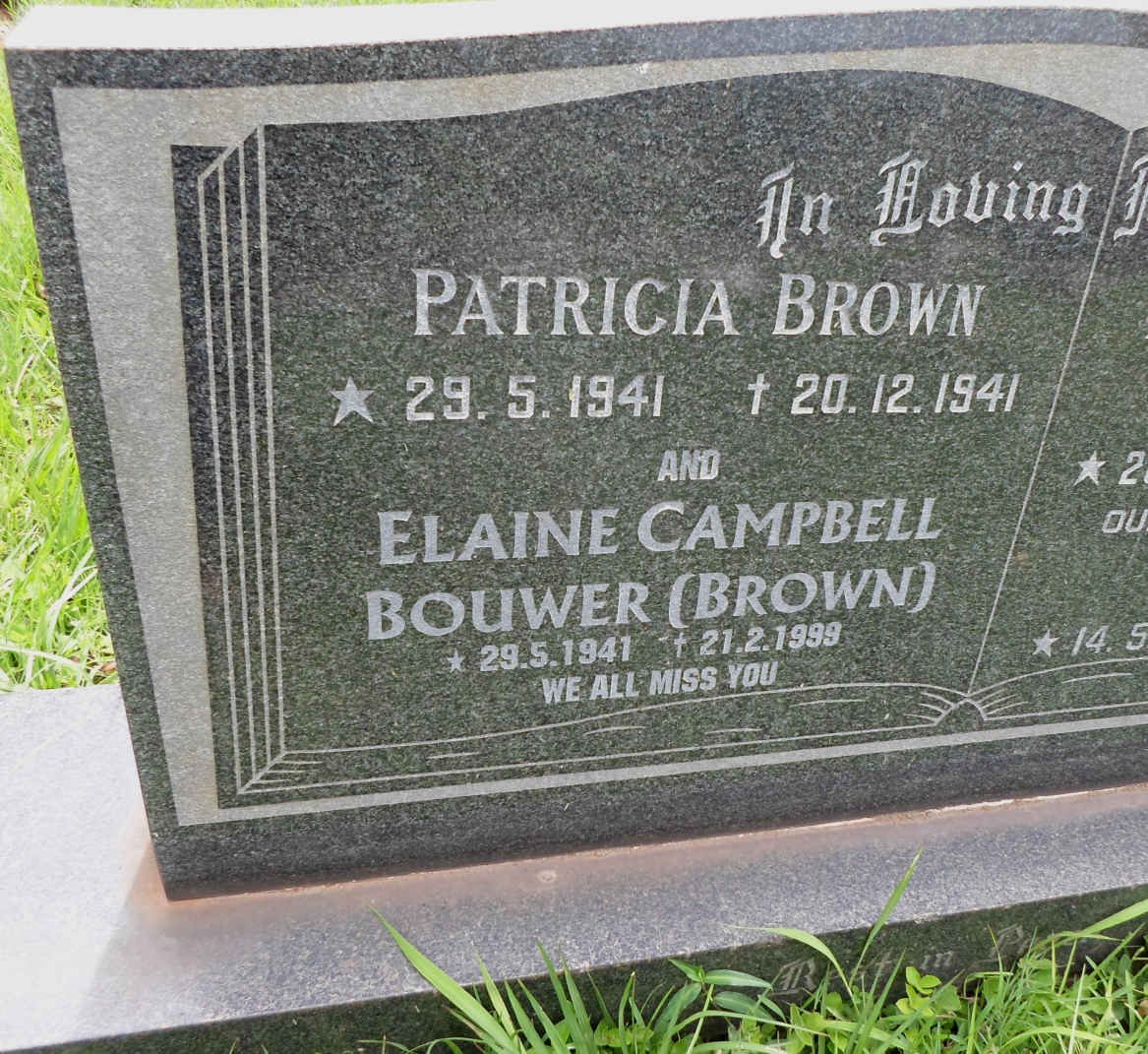 BROWN Patricia 1941-1941 :: BOUWER Elaine formerly CAMPBELL nee BROWN 1941-1999