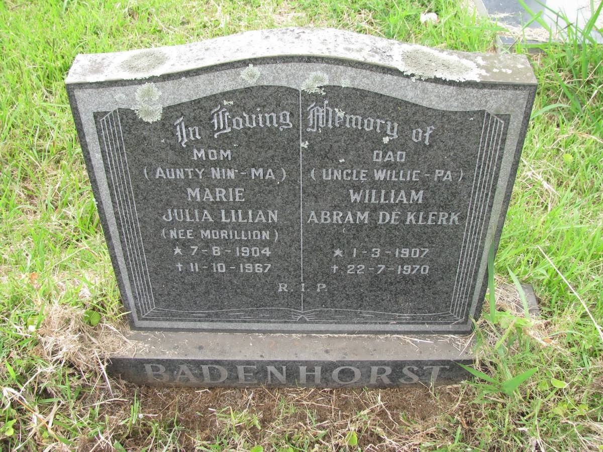 BADENHORST William Abram De Klerk 1907-1970 &amp; Marie Julia Lilian MORILLION 1904-1967