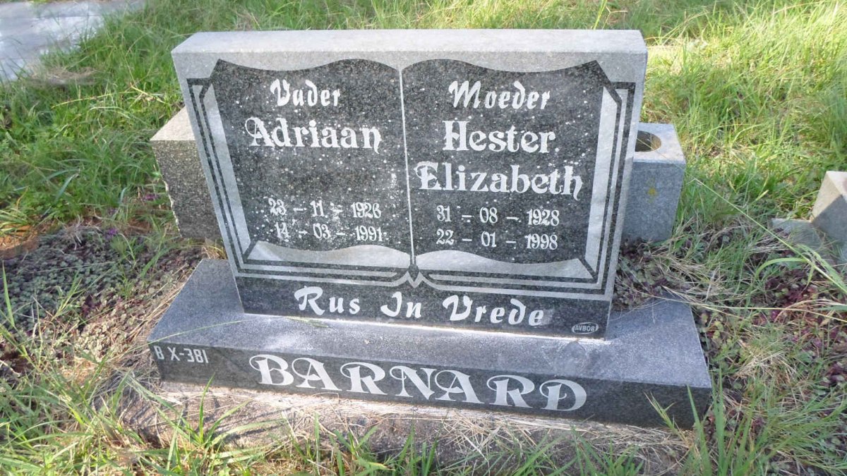 BARNARD Adriaan 1926-1991 &amp; Hester Elizabeth 1928-1998