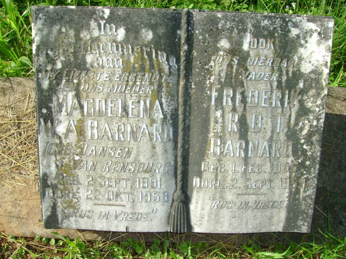 BARNARD Frederik R.D.T. 1905-1959 &amp; Magdelena W.A. JANSEN VAN RENSBURG 1891-1958