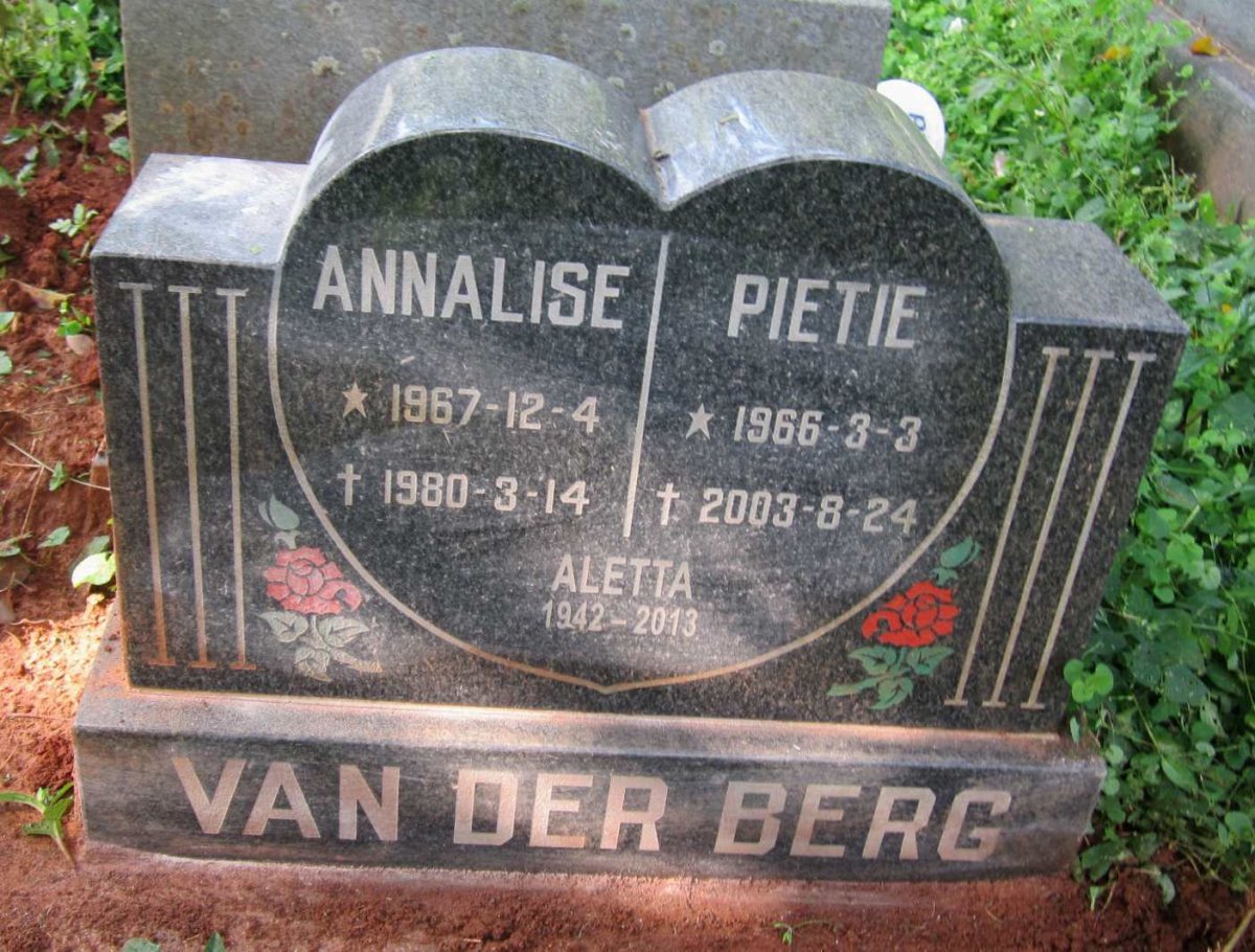BERG Aletta, van der 1942-2013 :: VAN DER BERG Pietie 1966-2003 :: VAN DER BERG  Annalise 1967-1980