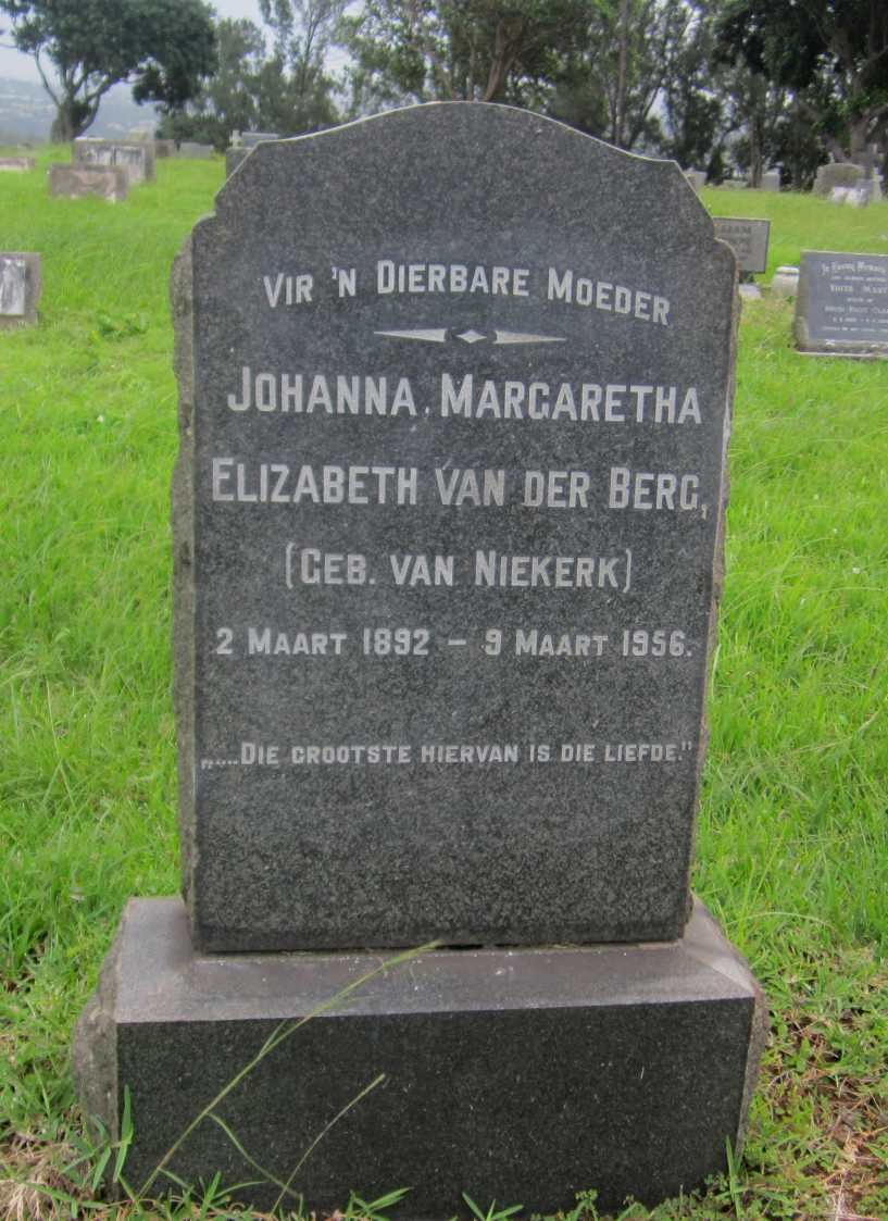 BERG Johanna Margaretha Elizabeth, van der nee VAN NIEKERK 1892-1956