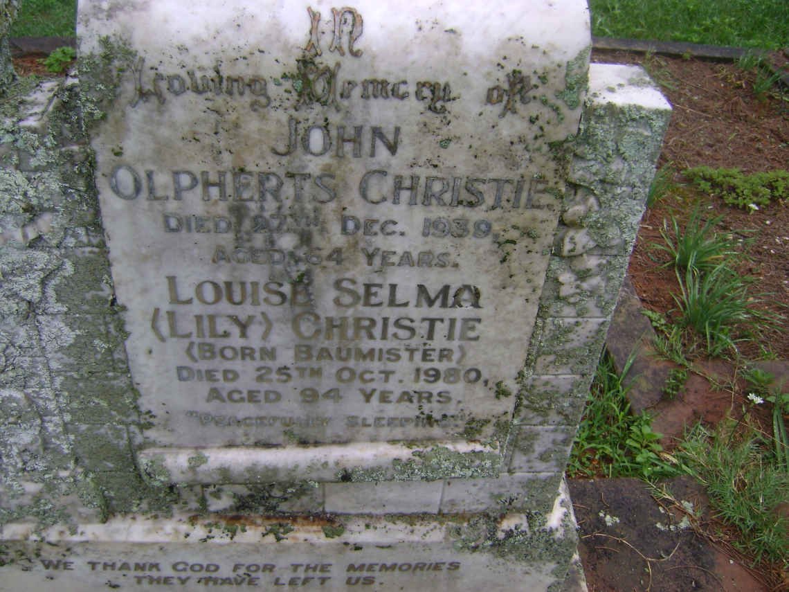 CHRISTIE John Olpherts -1939 &amp; Louise Selma BAUMISTER -1960
