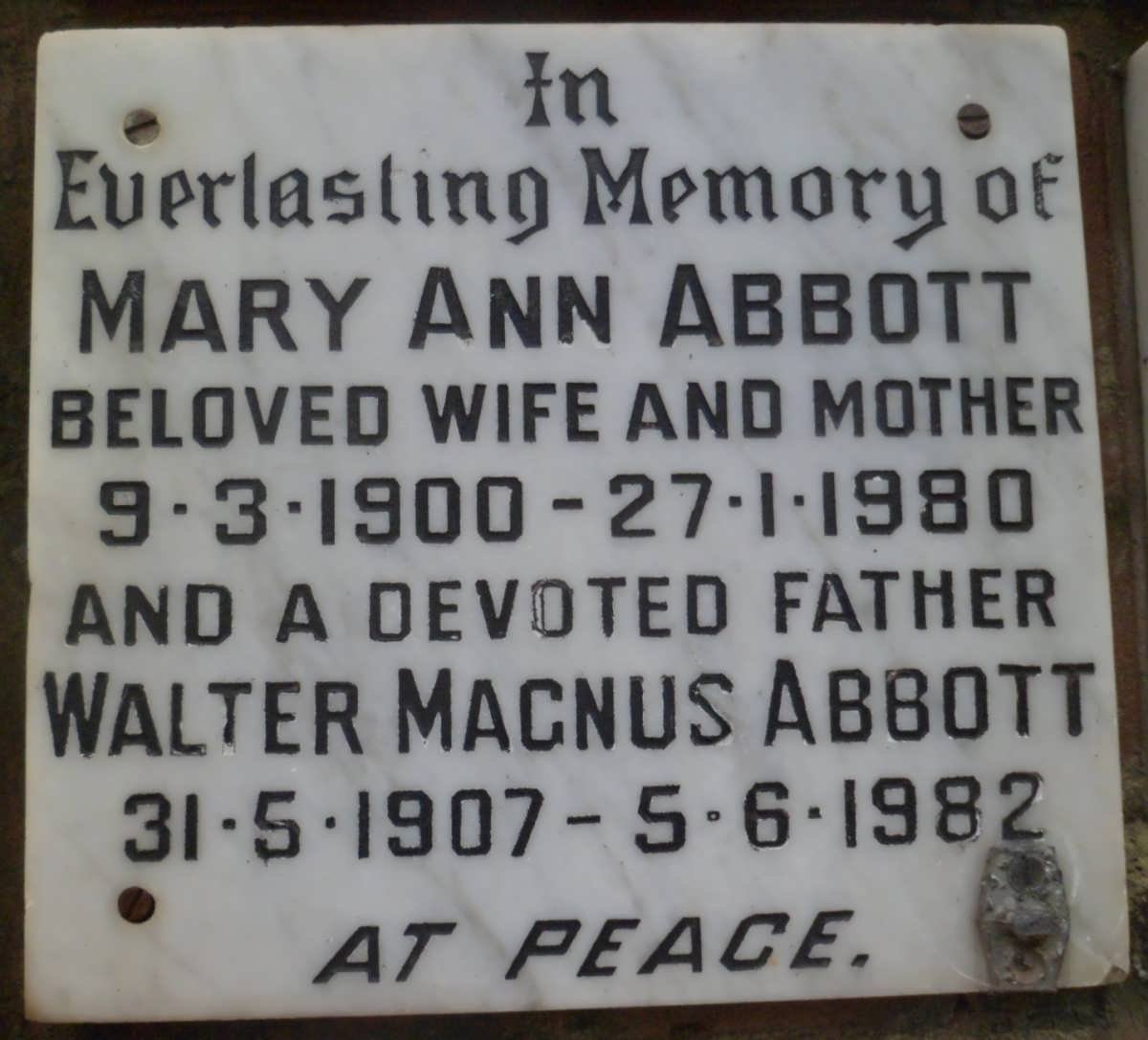 ABBOTT Walter Magnus 1907-1982 &amp; Mary Ann 1900-1980