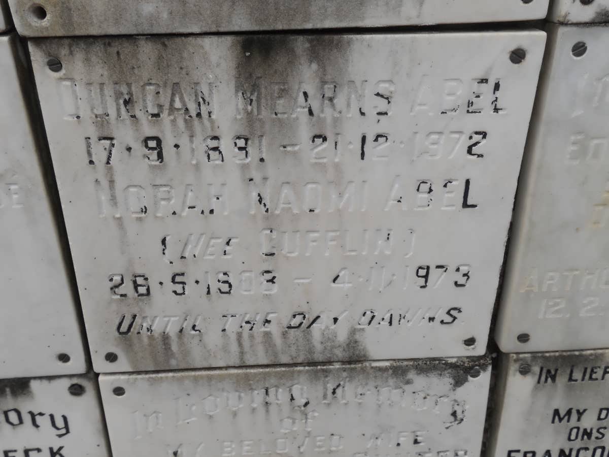 ABEL Duncan Mearns 1891-1972 &amp; Norah Naomi CUFFLIN 1908-1973