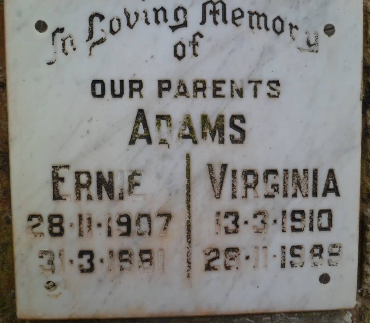 ADAMS Ernie 1907-1981 &amp; Virginia 1910-1989