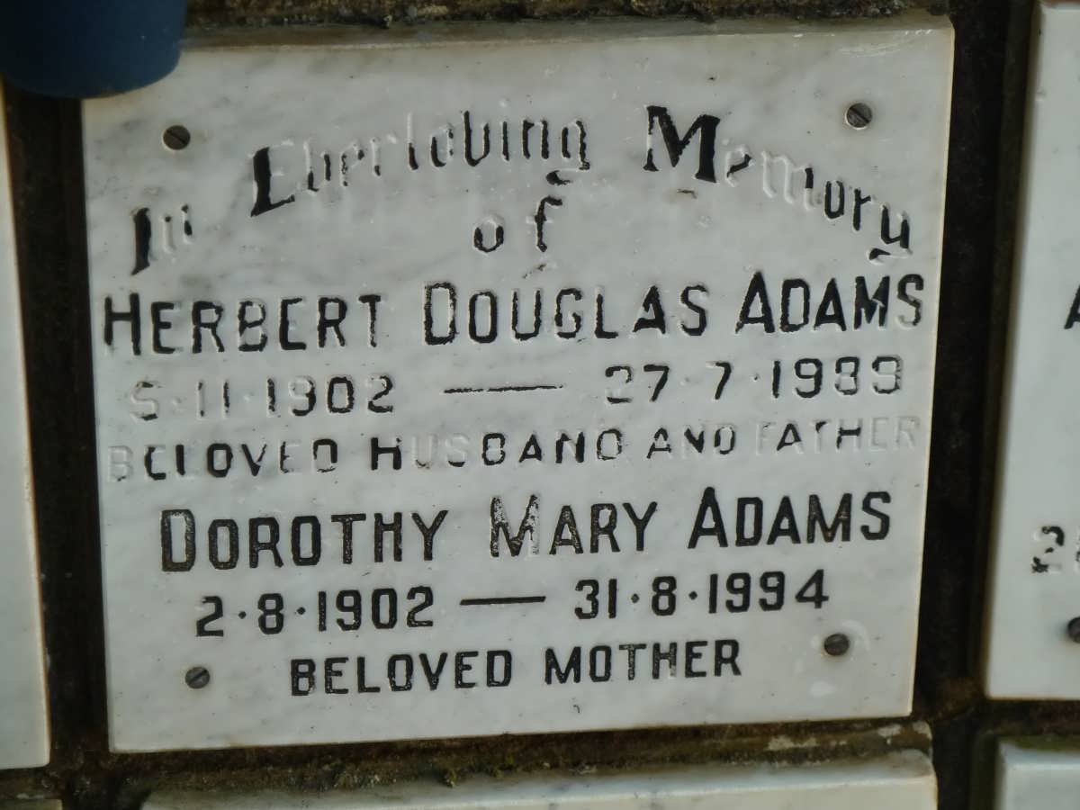 ADAMS Herbert Douglas 1902-1989 &amp; Dorothy Mary 1902-1994