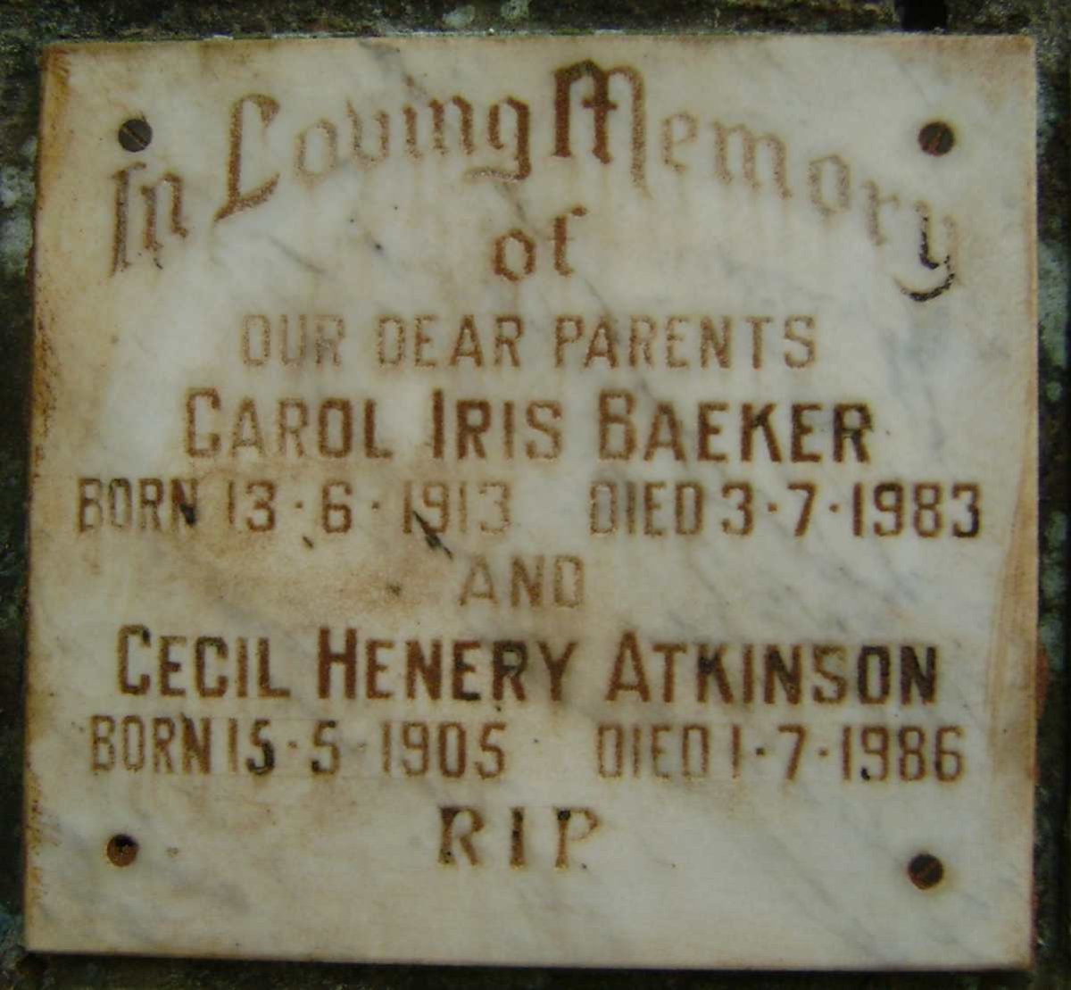 ATKINSON Cecil Henery 1905-1986 &amp; Carol Iris BAEKER 1913-1983