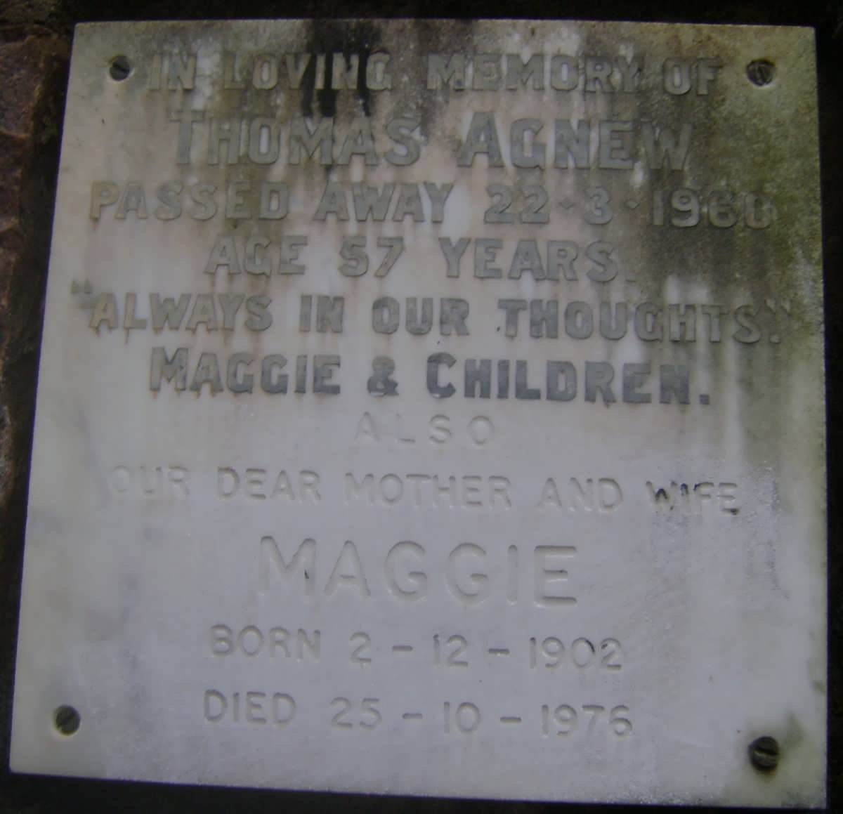 AGNEW Thomas -1960 &amp; Maggie 1902-1976
