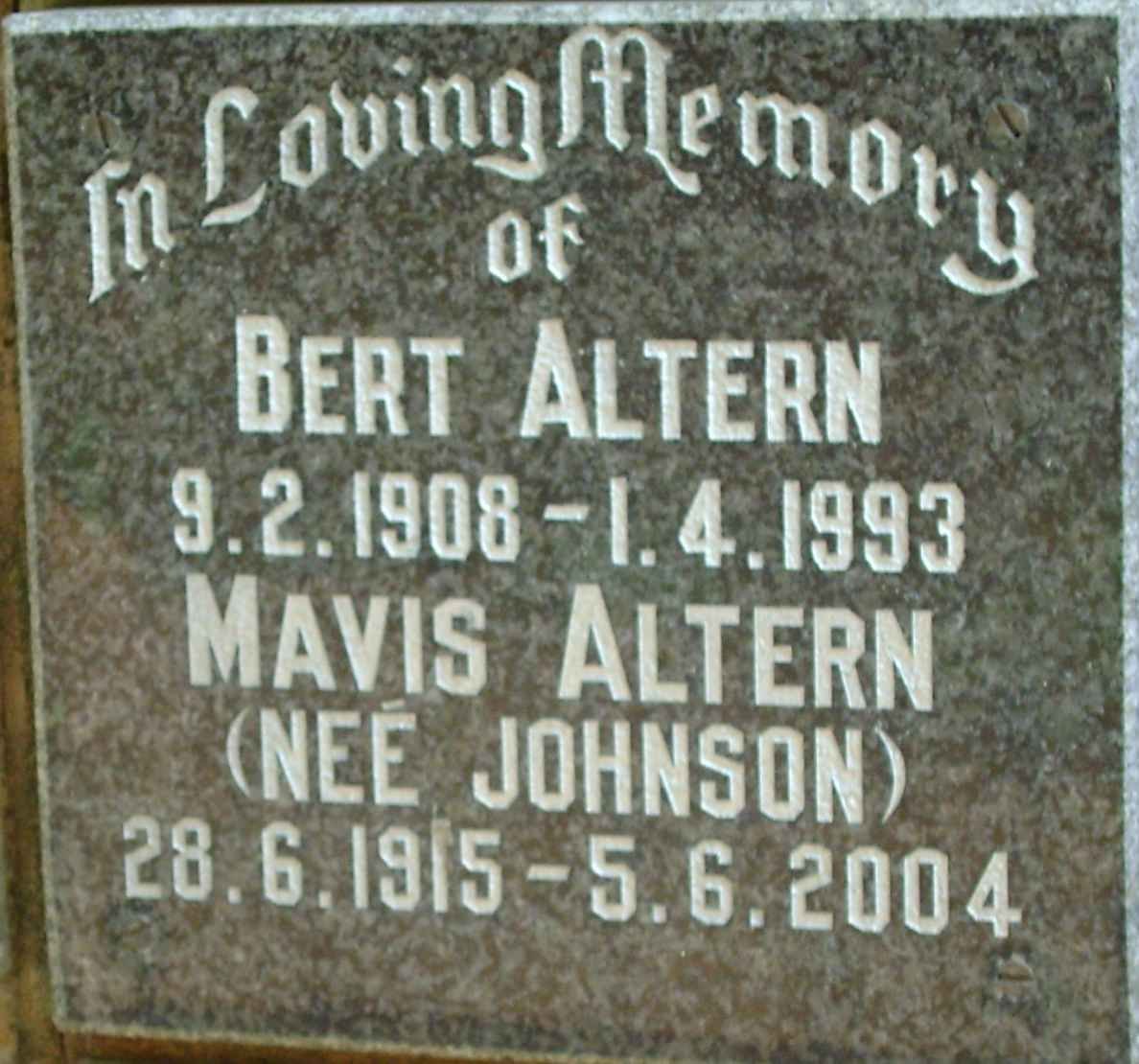 ALTERN Bert 1908-1993 &amp; Mavis JOHNSON 1915-2004