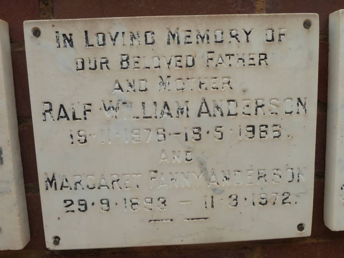 ANDERSON Ralf William 1876-1966 &amp; Margaret Fanny 1893-1972