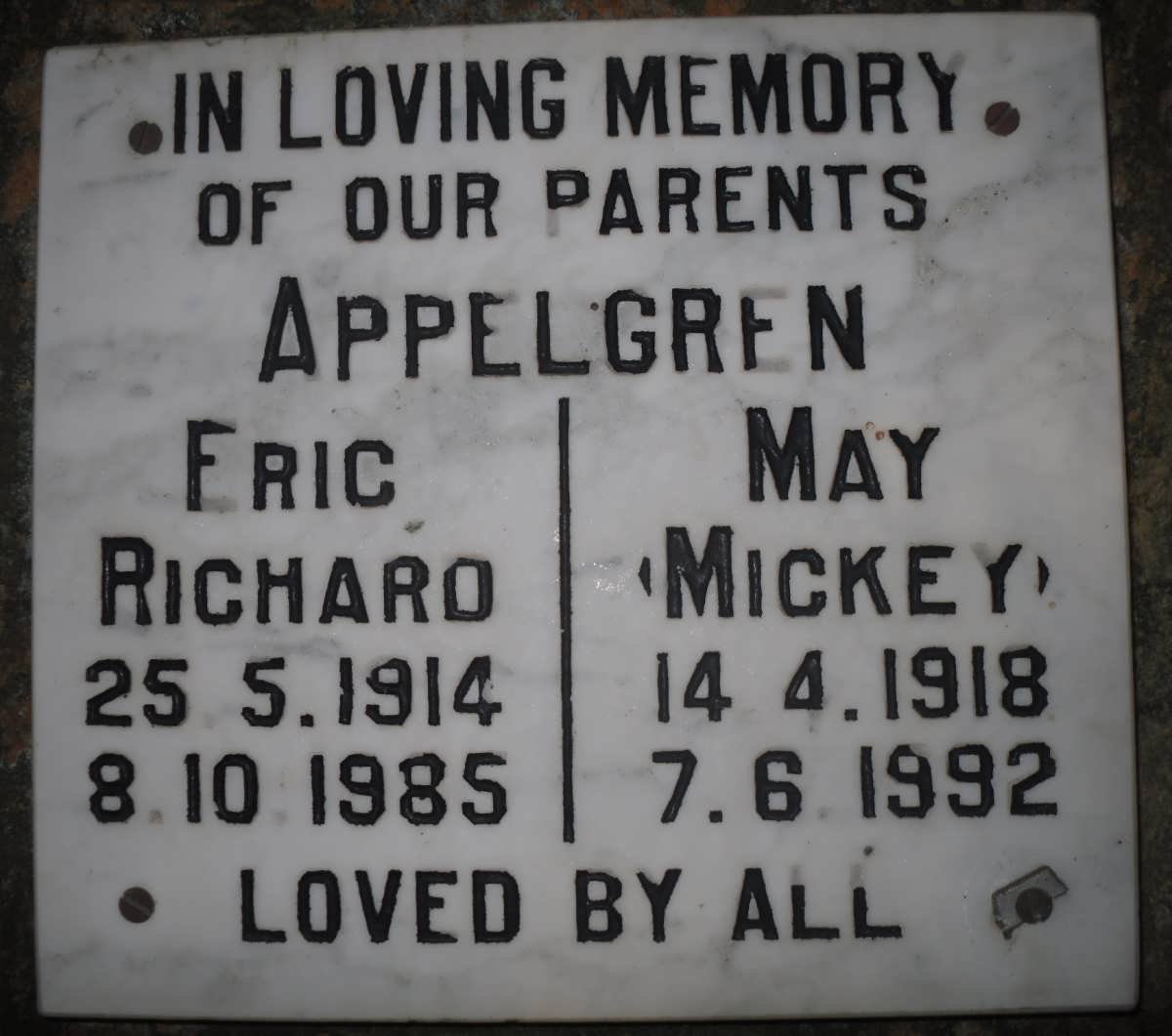 APPELGREN Eric Richard 1914-1985 &amp; May 1918-1992