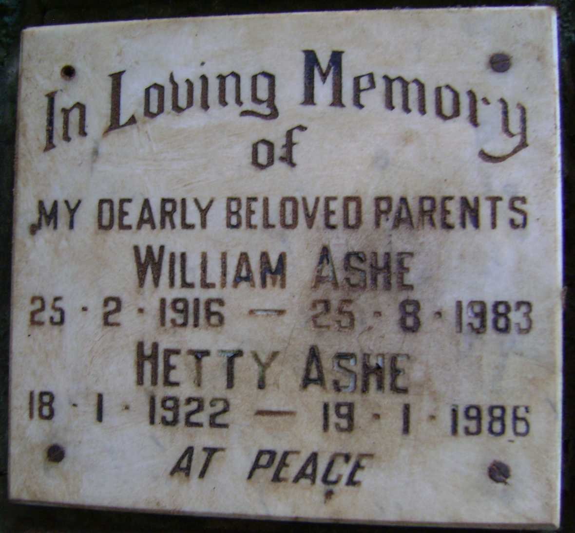 ASHE William 1916-1983 &amp; Hetty 1922-1986