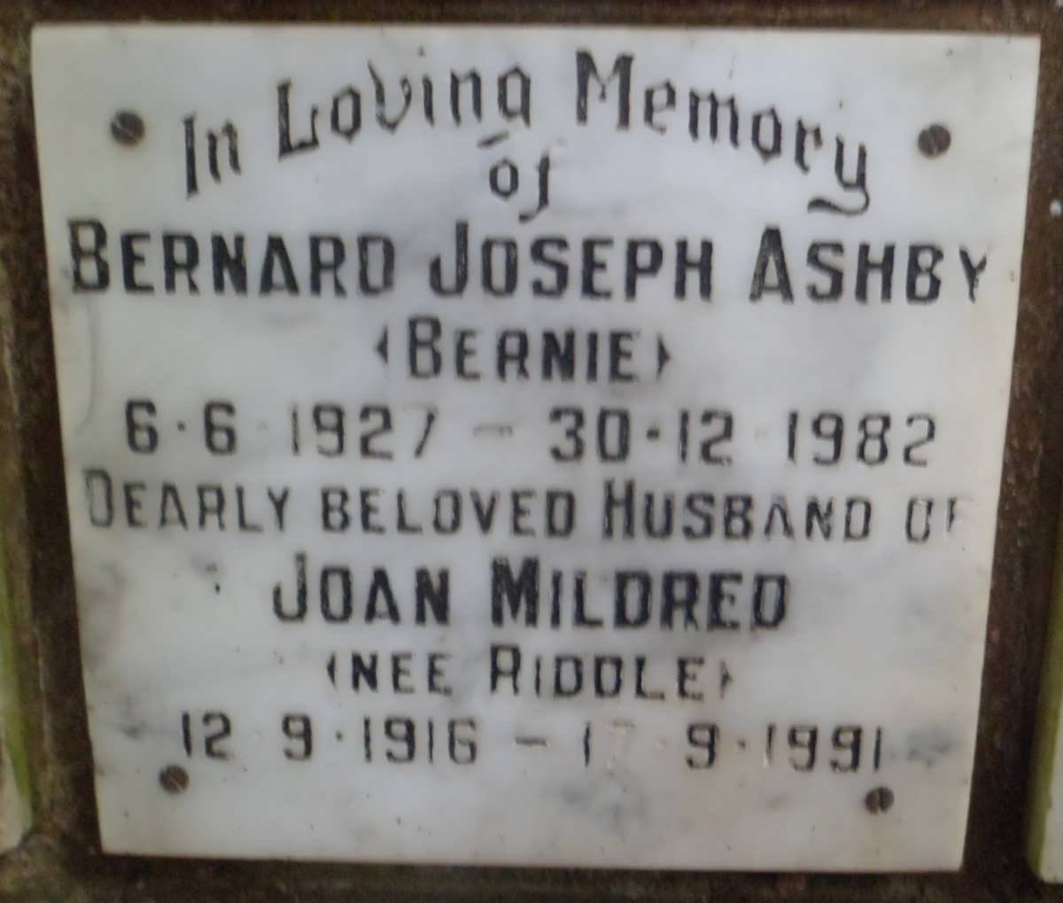 ASHBY Bernard Joseph 1927-1982 &amp; Joan Mildred RIDDLE 1916-1991