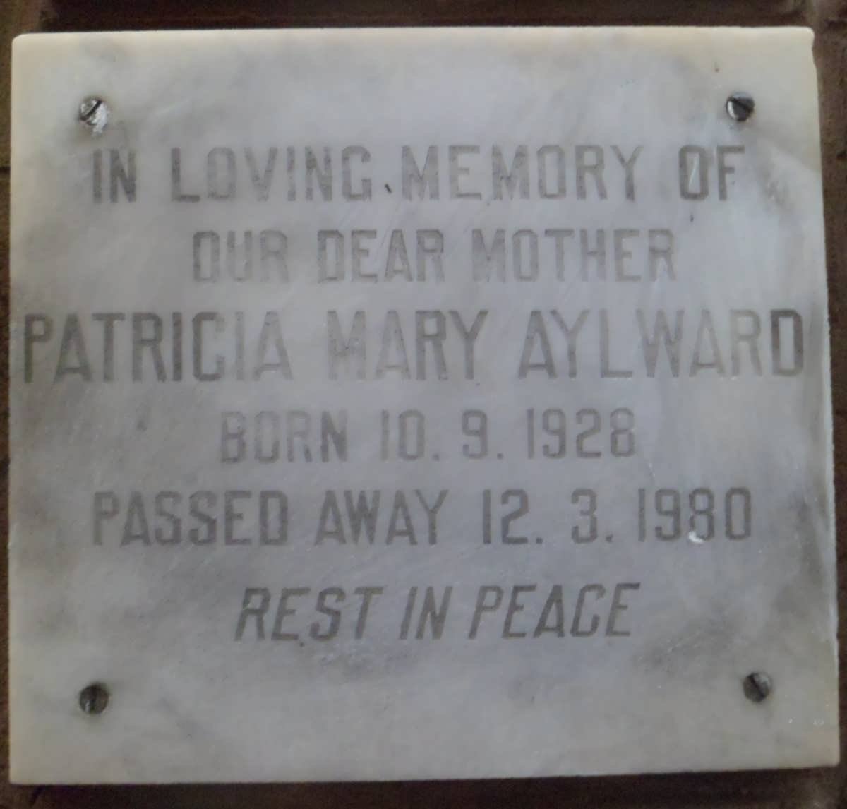 AYLWARD Patricia Mary 1928-1980
