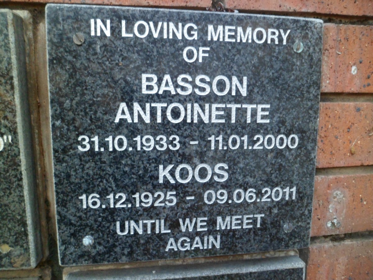 BASSON Koos 1925-2011 &amp; Antoinette 1933-2000