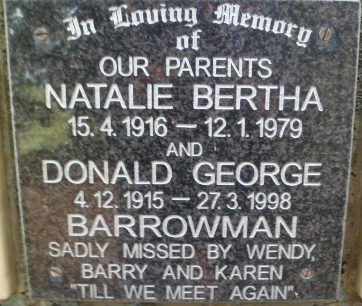BARROWMAN Donald George 1915-1998 &amp; Natalie Bertha 1916-1979