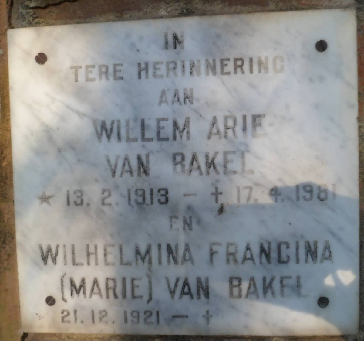 BAKEL Willem Arie, van 1913-1981 &amp; Wilhelmina Francina 1921-