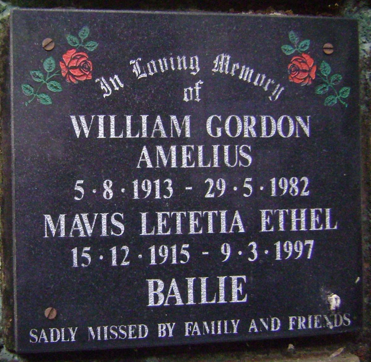 BAILIE William Gordon Amelius 1913-1982 &amp; Mavis Letetia Ethel 1915-1997