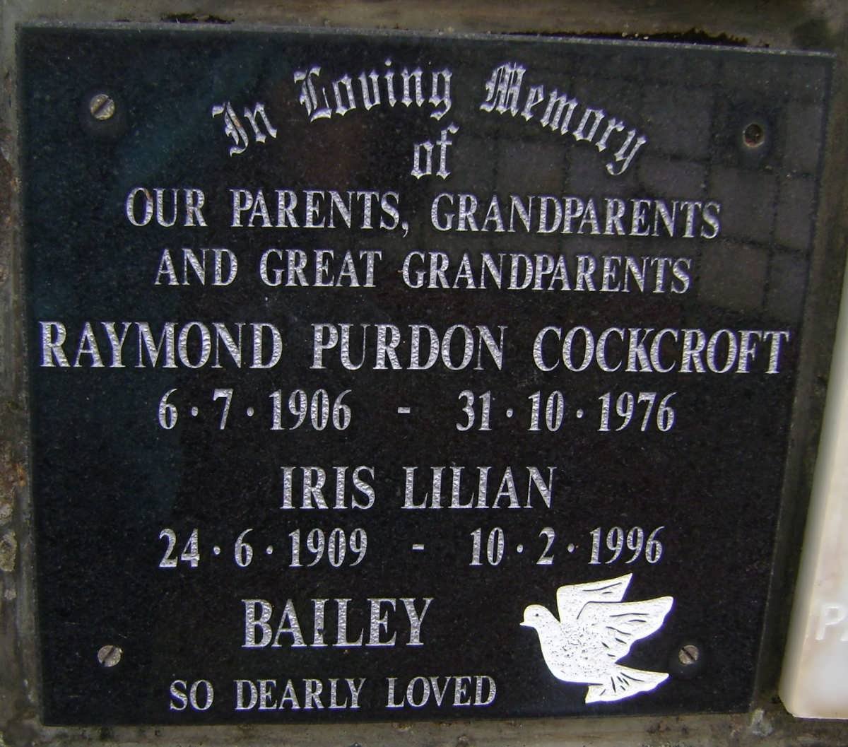 BAILEY Raymond Purdon Cockcroft 1906-1976 &amp; Iris Lilian 1909-1996