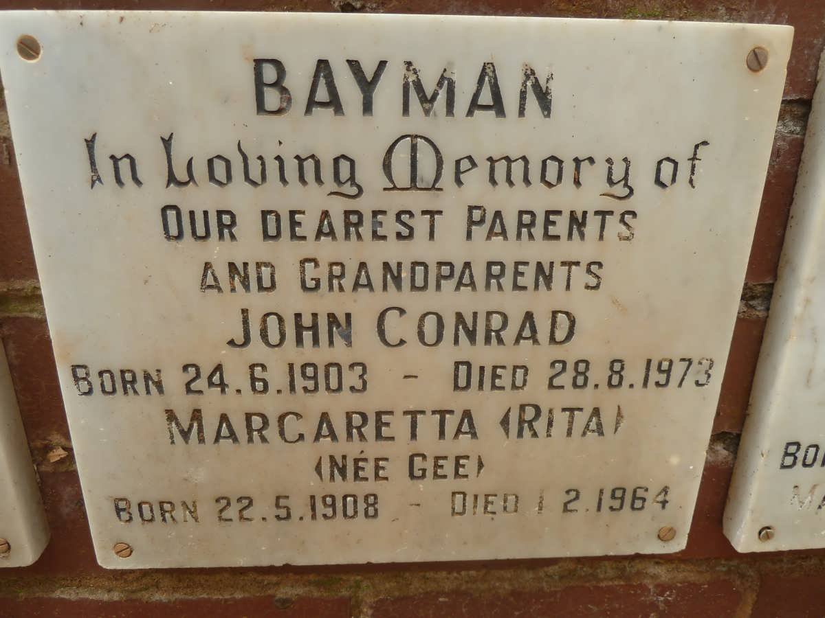 BAYMAN John Conrad 1903-1973 &amp; Margaretta GEE 1908-1964