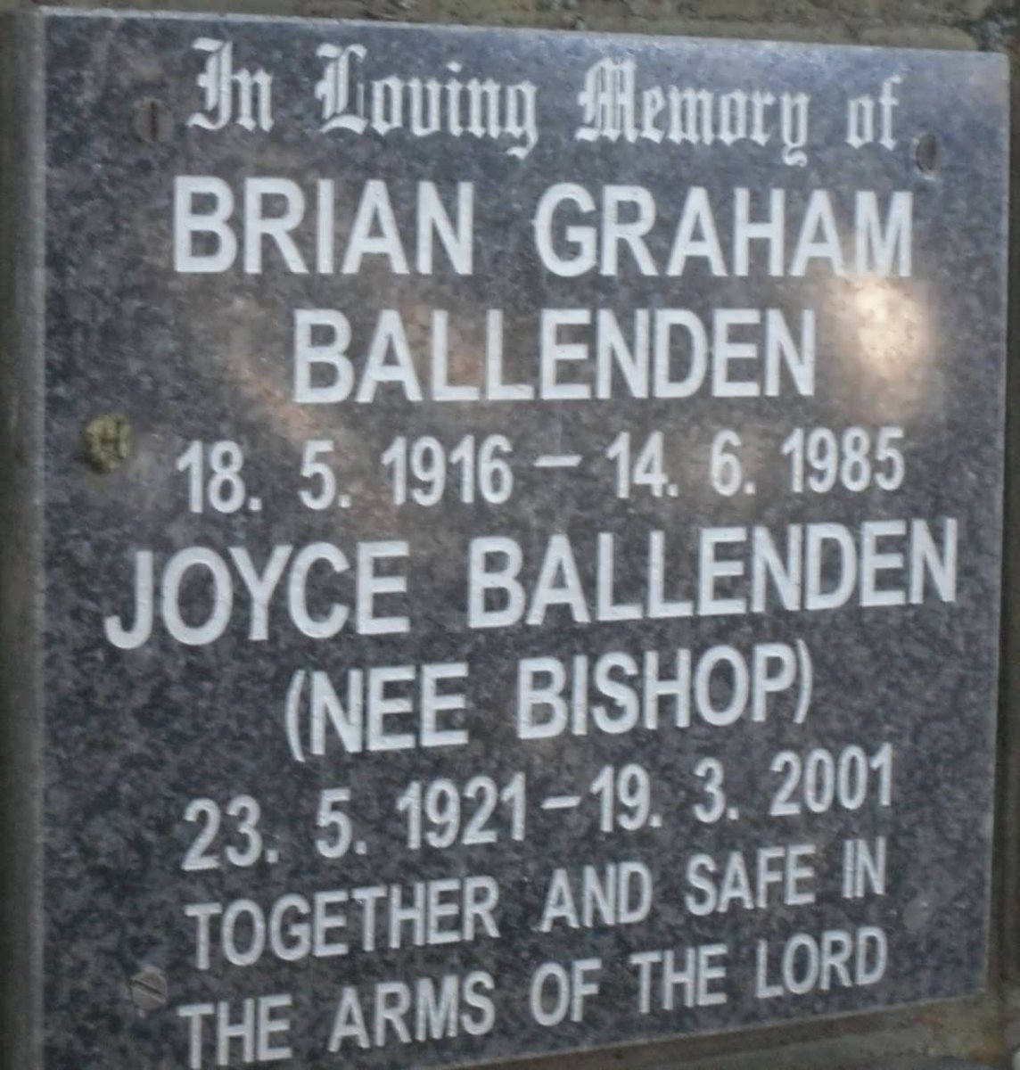 BALLENDEN Brian Graham 1916-1985 &amp; Joyce BISHOP 1921-2001