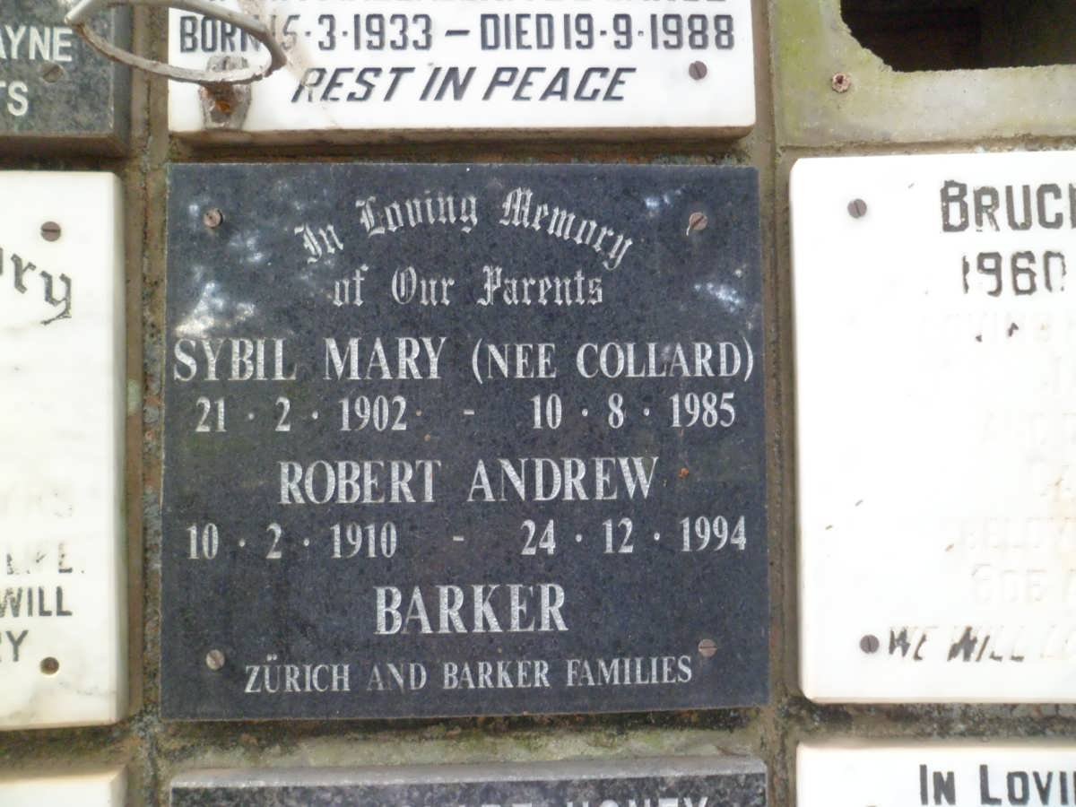 BARKER Robert Andrew 1910-1994 &amp; Sybil Mary COLLARD 1902-1985