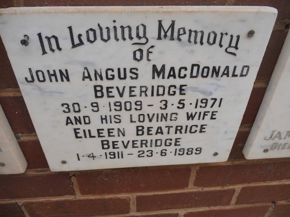BEVERIDGE John Angus Mac Donald 1909-1971 &amp; Eileen Beatrice 1911-1989