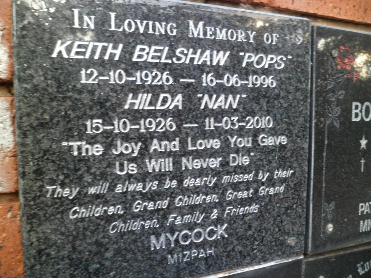 BELSHAW Keith 1926-1996 &amp; Hilda 1926-2010