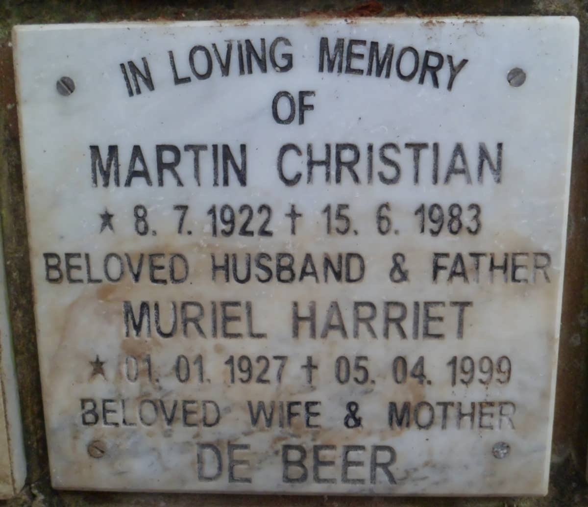 BEER Martin Christian, de 1922-1983 &amp; Muriel Harriet 1927-1999