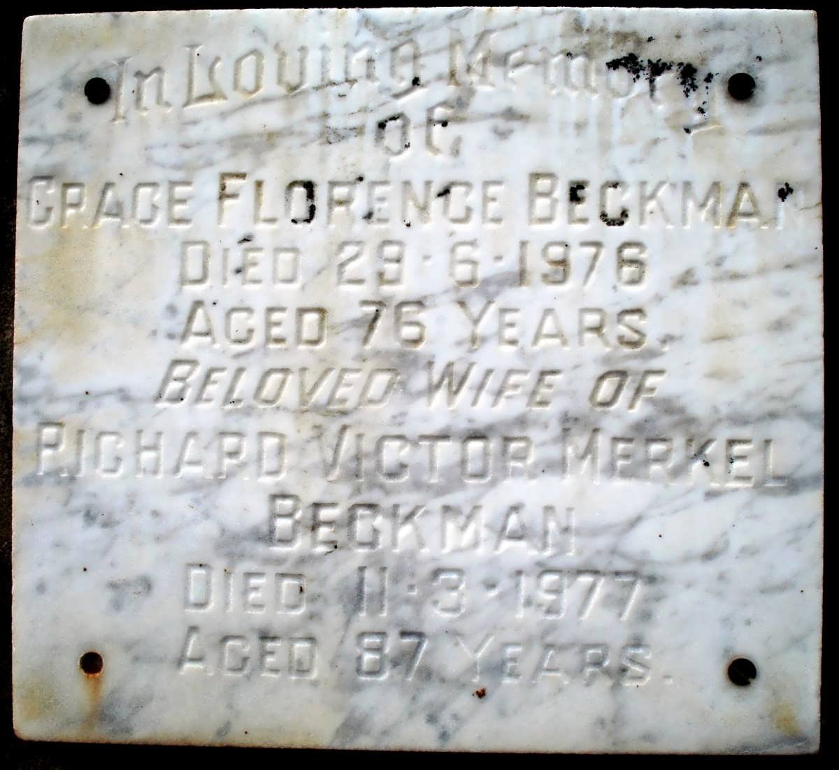 BECKMAN Richard Victor Merkel -1977 &amp; Grace Florence -1976