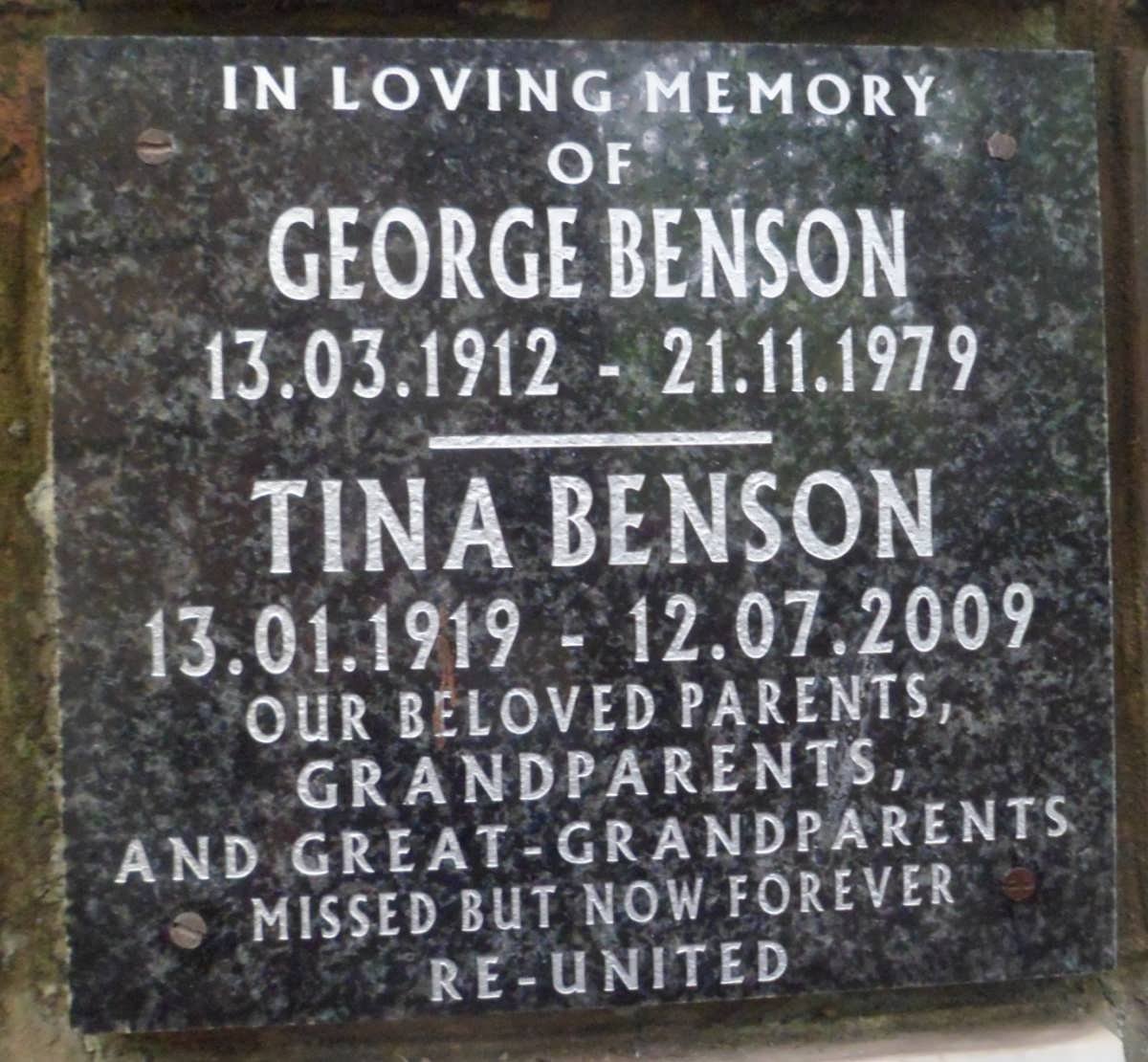 BENSON George 1912-1979 &amp; Tina 1919-2009