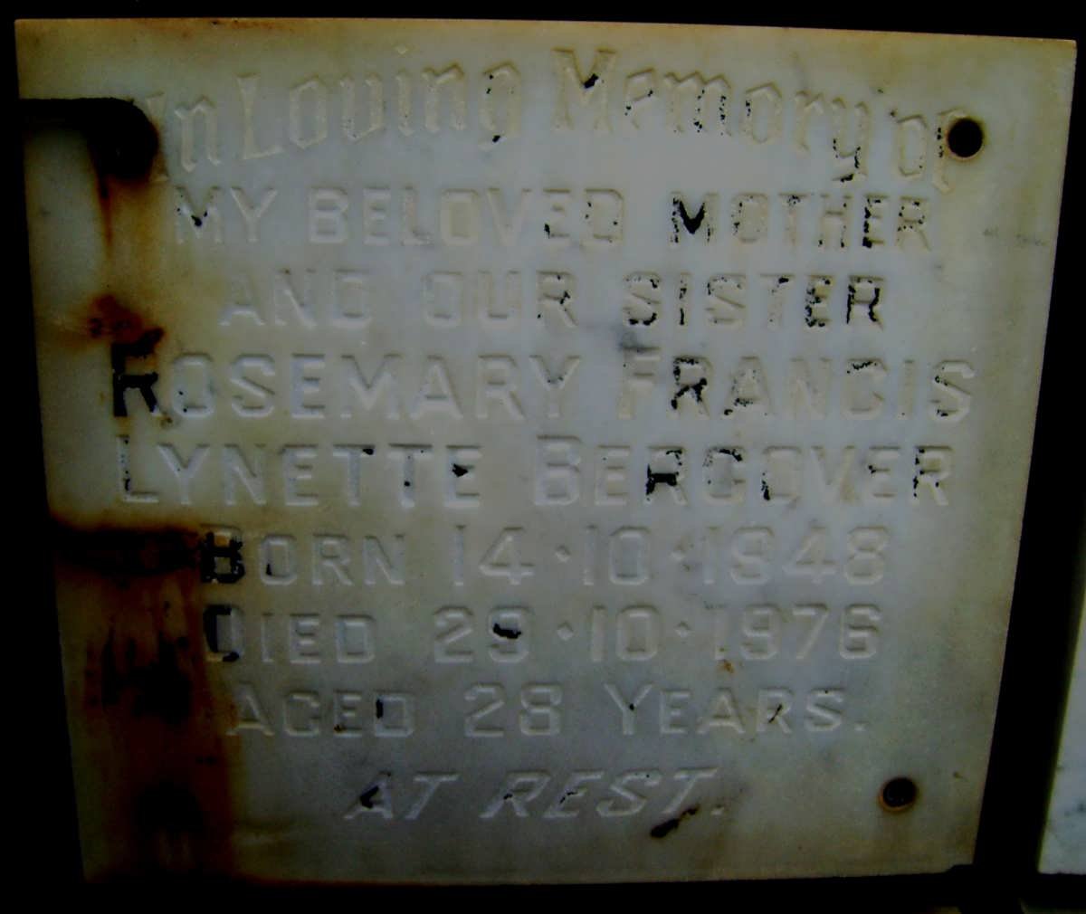 BERGOVER Rosemary Francis Lynette 1948-1976