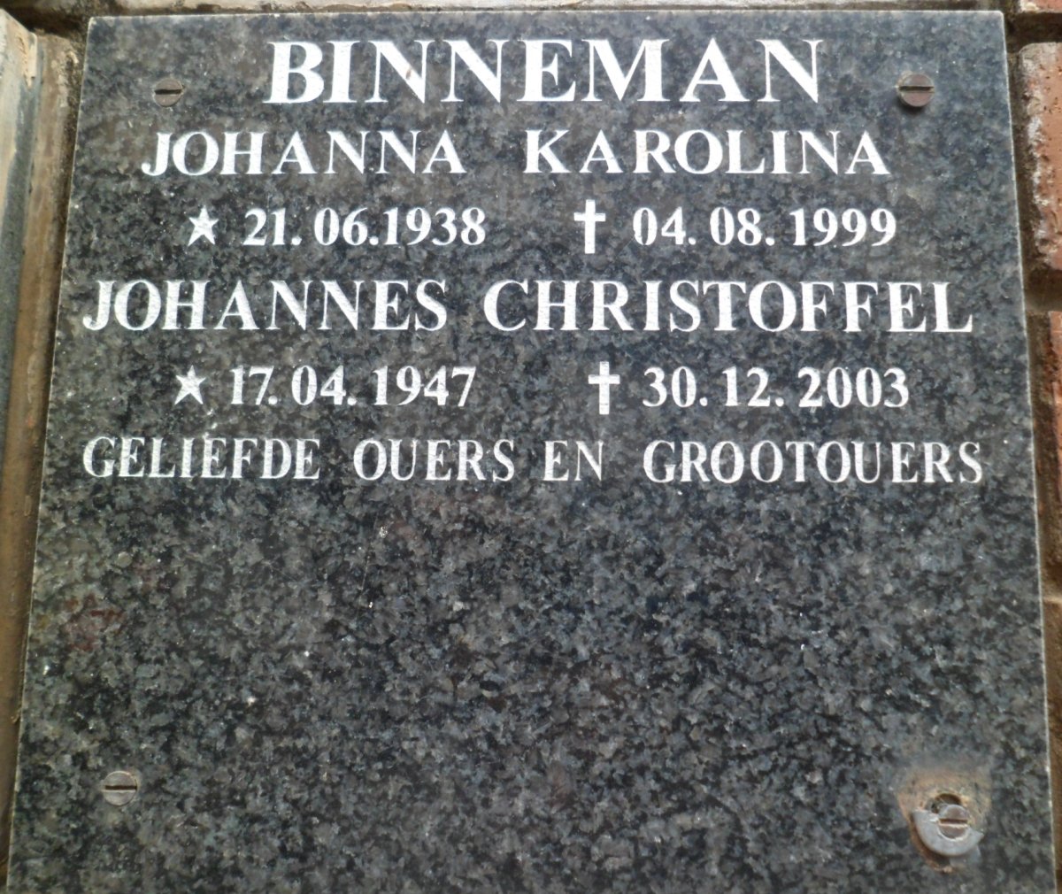 BINNEMAN Johannes Christoffel 1947-2003 &amp; Johanna Karolina 1938-1999