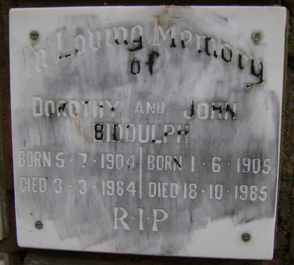BIDDULPH John 1905-1985 &amp; Dorothy 1904-1984
