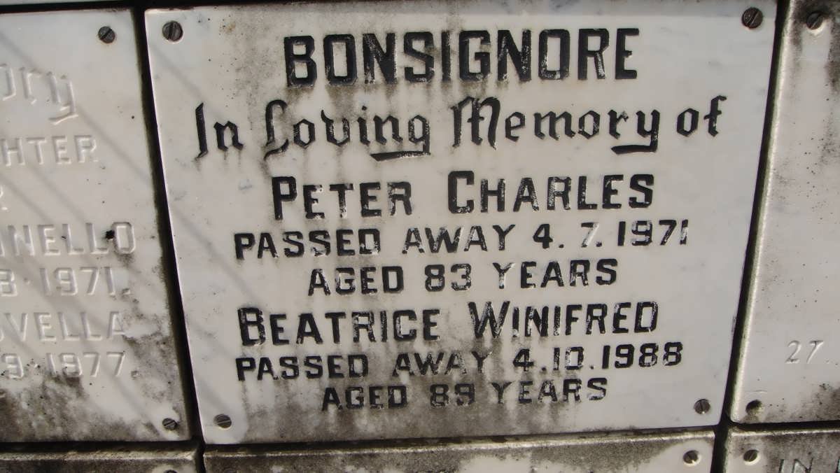 BONSIGNORE Peter Charles -1971 &amp; Beatrice Winifred -1988