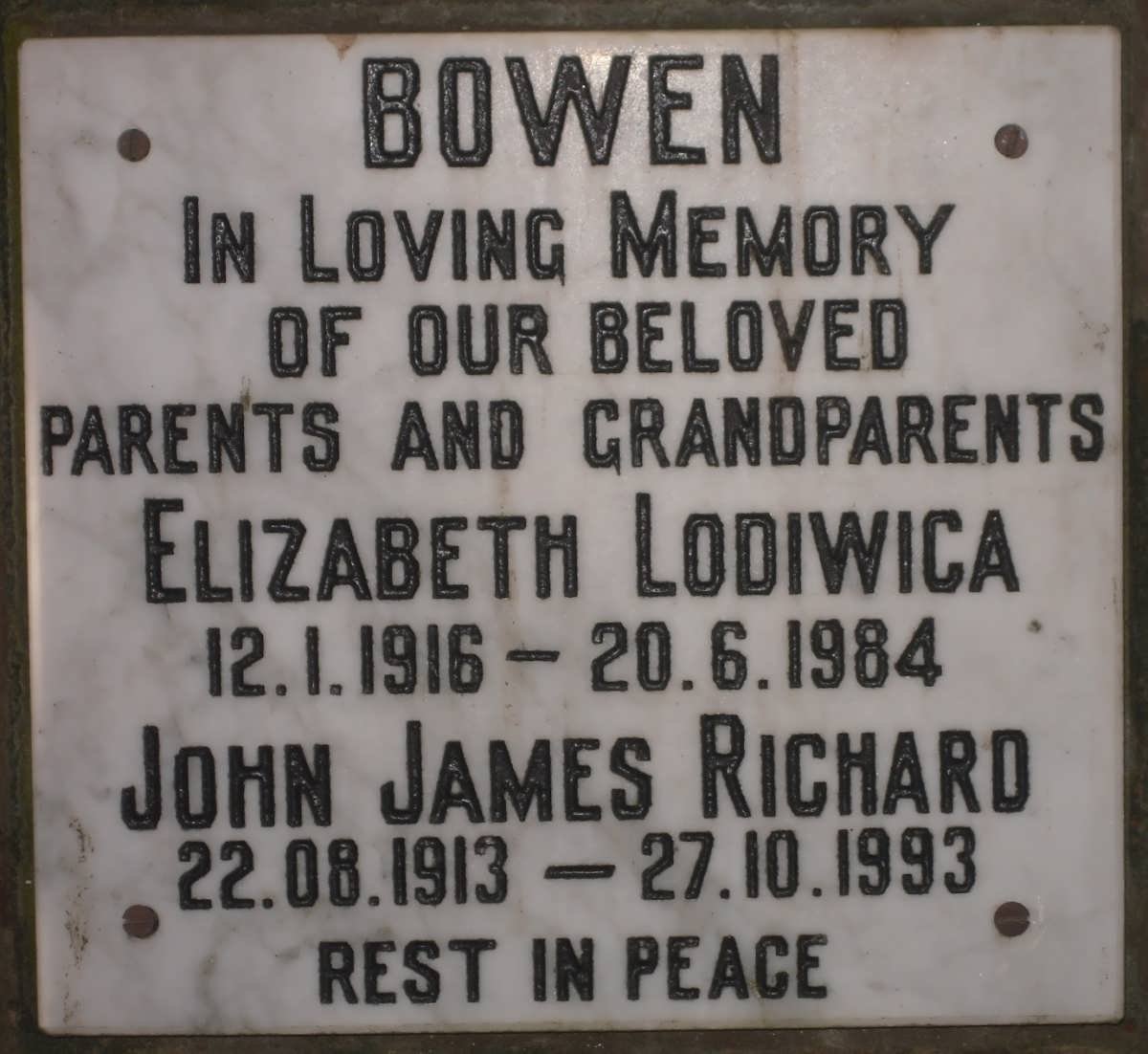 BOWEN John James Richard 1913-1993 &amp; Elizabeth Lodiwica 1916-1984