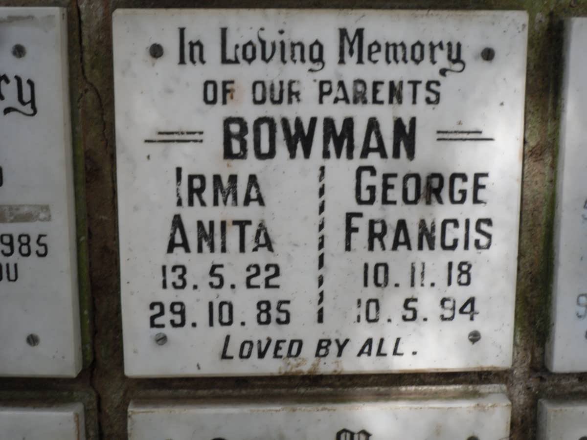 BOWMAN George Francis 1918-1994 &amp; Irma Anita 1922-1985