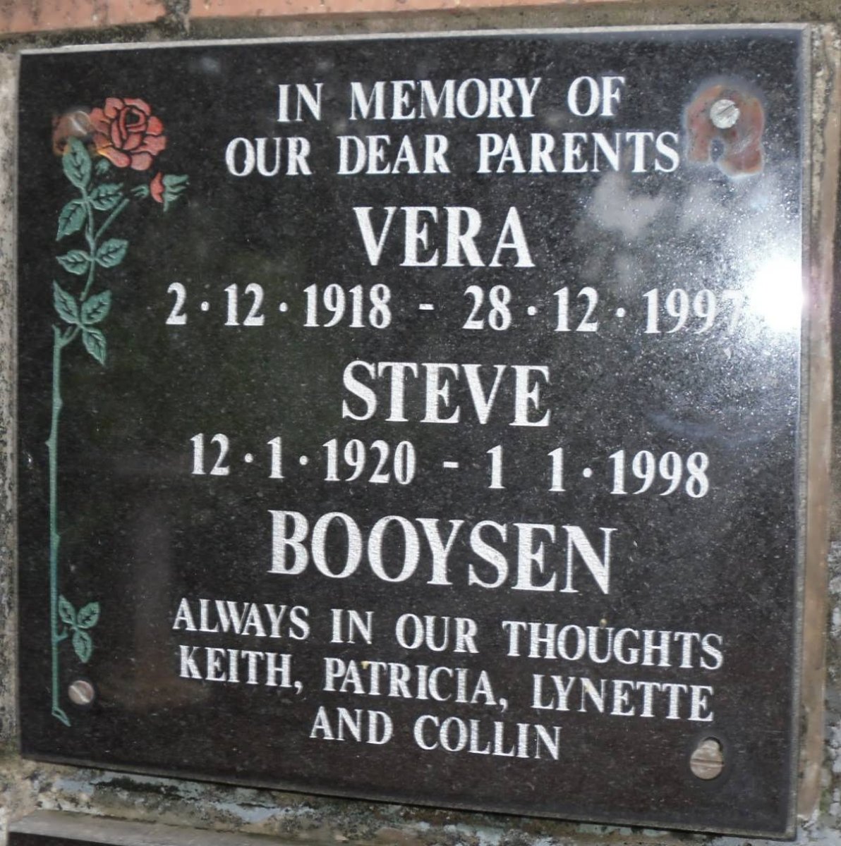 BOOYSEN Steve 1920-1998 &amp; Vera 1918-1997